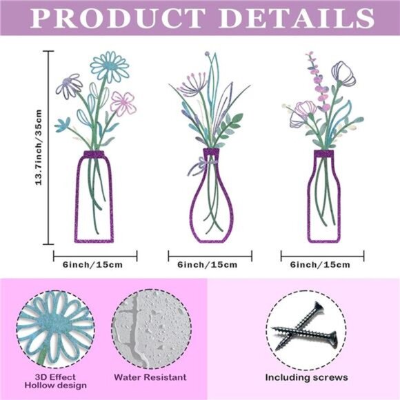 3 Pieces Metal Flowers Wall Arts-Rustic Farmhouse Decor Purple Minimalist Flower - Picture 2 of 8